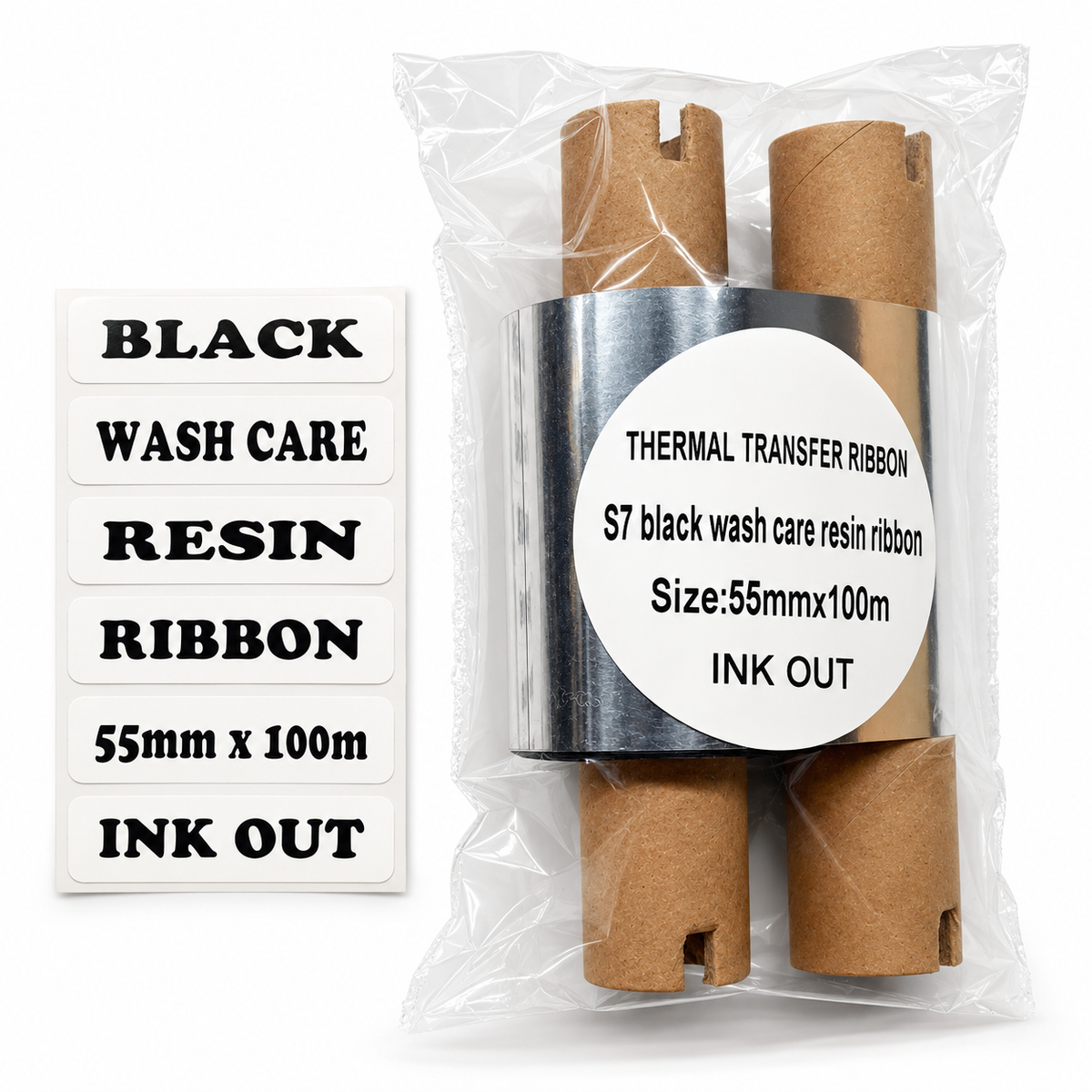 Black Wash Care Resin Thermal Transfer Ribbon – 55mm × 100m, 0.5-Inch Core
