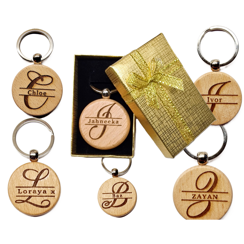Personalized Wooden Keychain – Custom Laser Engraved Initial & Name | Natural Wood | Unique Gift